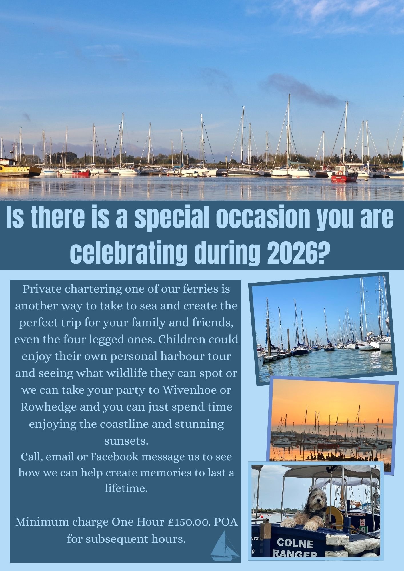 Poster advertising private boat charter at Brightlingsea Harbour, showing moored yachts, a sunset over the creek and a dog aboard the ferry Colne Ranger.